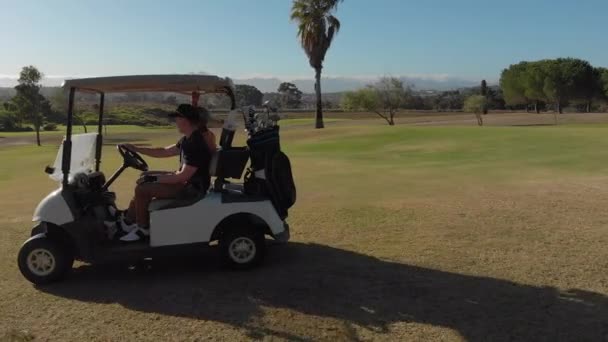 Two Diverse Male Golf Players Driving Car Golf Course Sunny — Stock Video