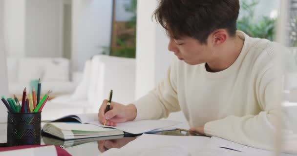 Asian Male Teenager Taking Notes Sitting Living Room Spending Time — Stockvideo