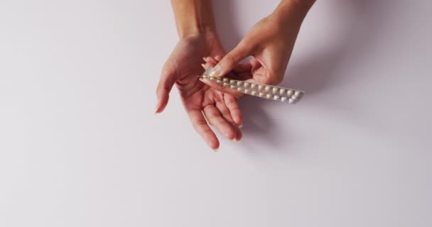 Video Hands Caucasian Woman Holding Plaster Pills White Background Medicine — Video Stock