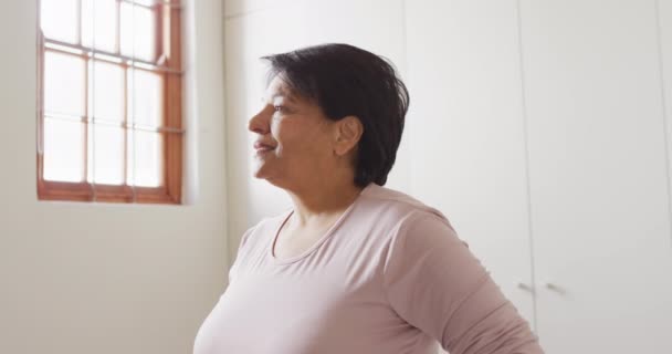 自宅の窓の近くで笑顔アフリカ系アメリカ人のシニア女性の肖像画 定年退職生活コンセプト — ストック動画