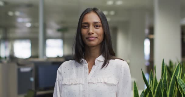 Video Feliz Mujer Birracial Mirando Cámara Oficina Profesionales Negocios Trabajando — Vídeos de Stock