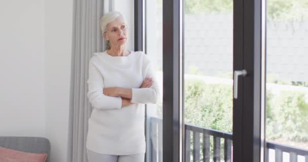 Video Thoughtful Caucasian Senior Woman Looking Window Retirement Well Being — Video Stock