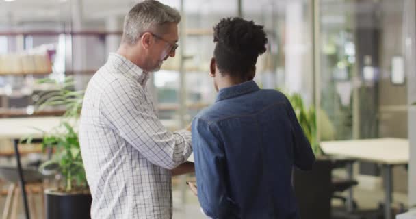 Vídeo Empresário Diversificado Empresária Falando Sobre Projeto Profissionais Negócios Trabalhando — Vídeo de Stock