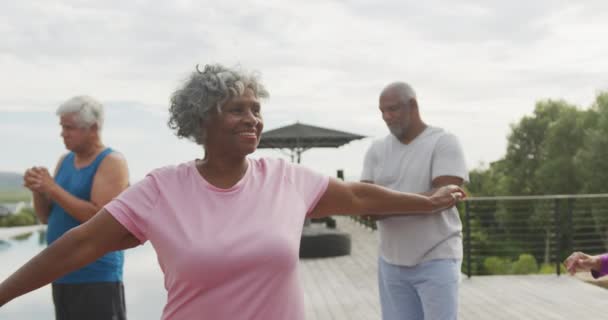 Felices Personas Mayores Diversas Que Practican Yoga Jardín Casa Retiro — Vídeos de Stock