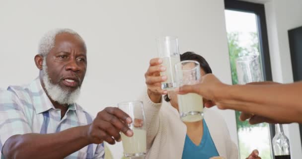 Gelukkige Senior Diverse Mensen Die Dineren Bejaardentehuis Gezond Actief Pensioen — Stockvideo