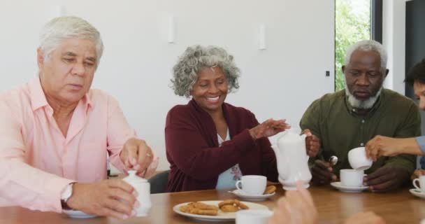 Glückliche Senioren Beim Teetrinken Seniorenheim Gesunder Aktiver Ruhestand Und Inklusivität — Stockvideo