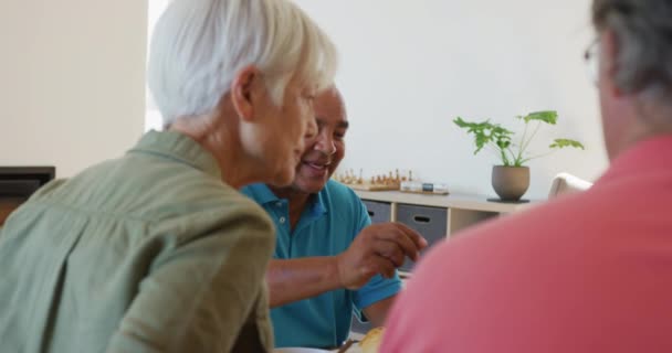Happy Senior Diverse People Having Breakfast Retirement Home Healthy Active — Video Stock