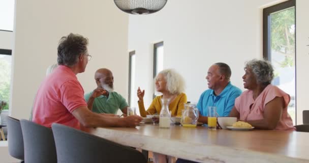 Happy Senior Diverse People Having Breakfast Retirement Home Healthy Active — Αρχείο Βίντεο