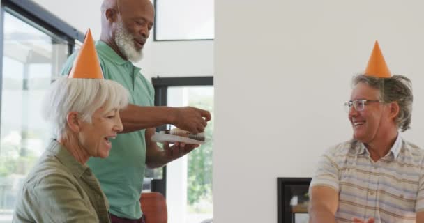 Happy Senior Diverse People Birthday Party Cake Retirement Home Healthy — Vídeos de Stock