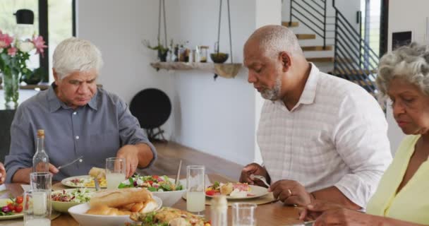 Glückliche Senioren Beim Abendessen Seniorenheim Gesunder Aktiver Ruhestand Und Inklusivität — Stockvideo