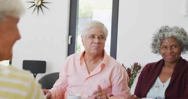 Gente Feliz Diversa Bebiendo Hablando Casa Retiro Jubilación Saludable Activa — Vídeos de Stock