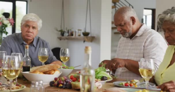 Портрет Счастливых Пожилых Людей Обедающих Доме Престарелых Здоровый Активный Выход — стоковое видео