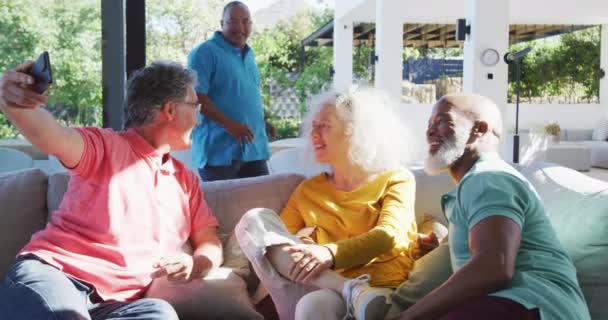 Happy Senior Diverse People Taking Selfie Retirement Home Healthy Active — Stok video