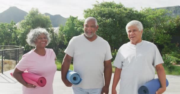 Portrait Happy Senior Diverse People Practicing Yoga Garden Retirement Home — Stockvideo