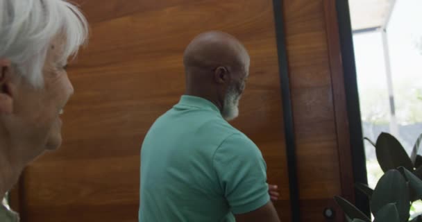 Happy Senior African American Man Opening Door Retirement Home Healthy — Stok video