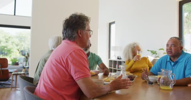 Happy Senior Diverse People Having Breakfast Retirement Home Healthy Active — Vídeos de Stock