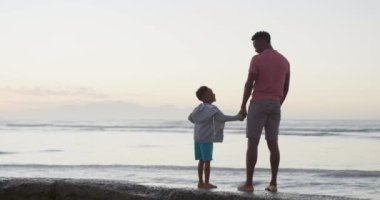 Afrika kökenli Amerikalı baba güneşli plajda oğluyla el ele tutuşuyor. sağlıklı ve aktif zaman plaj tatili.