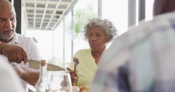 Gente Feliz Diversa Cenando Casa Retiro Jubilación Saludable Activa Inclusión — Vídeos de Stock