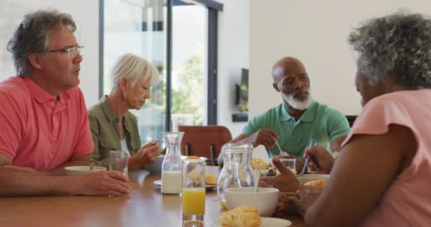Happy Senior Diverse People Having Breakfast Retirement Home Healthy Active — Stock videók