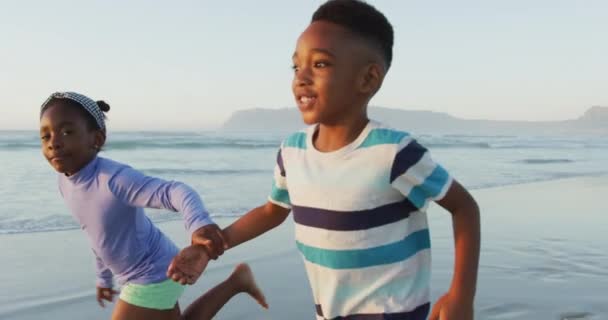 快乐的非洲裔美国兄弟姐妹牵着手 在阳光灿烂的海滩上奔跑 健康而活跃的海滨假期 — 图库视频影像