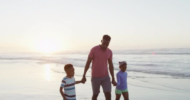 アフリカ系アメリカ人の父親が娘と息子と一緒に日当たりの良いビーチを歩く 健康的で活発な時間のビーチホリデー — ストック動画