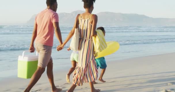 快乐的非洲裔美国夫妇与女儿和儿子在阳光灿烂的海滩上散步 健康而活跃的海滨假期 — 图库视频影像