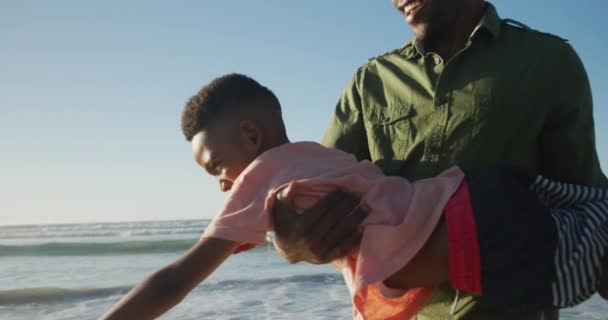Šťastný Africký Americký Otec Hrající Synem Slunné Pláži Zdravý Aktivní — Stock video