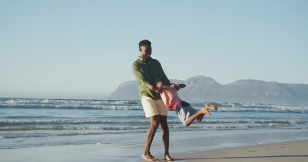 Glücklicher Afrikanisch Amerikanischer Vater Beim Spielen Mit Seinem Sohn Sonnigen — Stockvideo