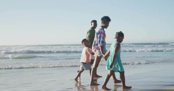 幸せなアフリカ系アメリカ人のカップルの娘と息子と日当たりの良いビーチを歩く 健康的で活発な時間のビーチホリデー — ストック動画