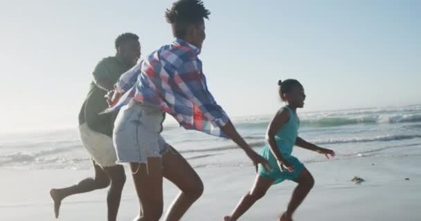 Felice Coppia Afroamericana Esecuzione Con Figlia Sulla Spiaggia Soleggiata Tempo — Video Stock