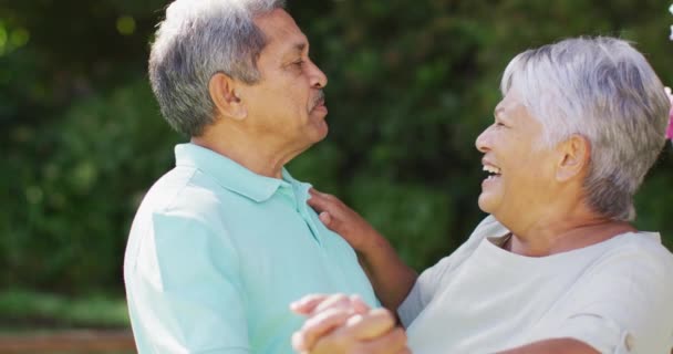 Video Una Feliz Pareja Ancianos Birraciales Tomados Mano Bailando Jardín — Vídeo de stock