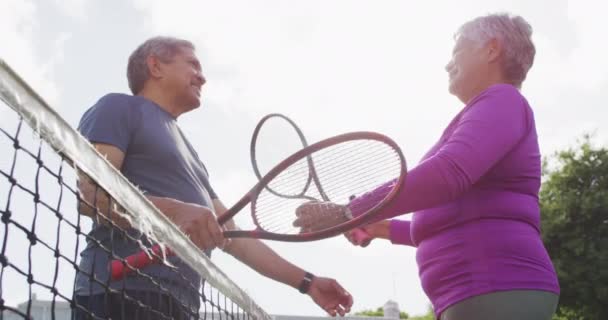 Video Happy Biracial Senior Couple Embracing Tennis Court Active Retirement Royalty Free Stock Footage