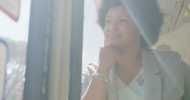 Happy Size Biracial Woman Sitting Bus Digital Nomad Body Inclusivity — Stock Video