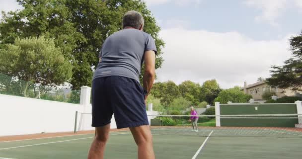 Video Birasial Pria Senior Bermain Tenis Lapangan Tenis Gaya Hidup — Stok Video