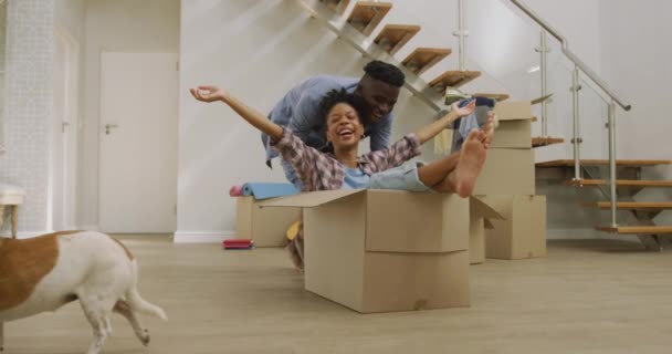 Video Glade Afrikanske Amerikanske Par Have Det Sjovt Med Kasser – Stock-video