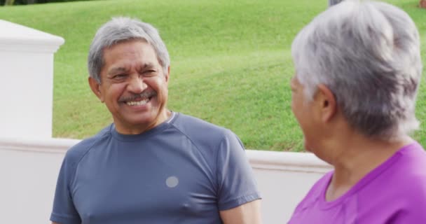 Vídeo Feliz Biracial Pareja Mayor Ropa Deportiva Mirando Cámara Estilo — Vídeo de stock