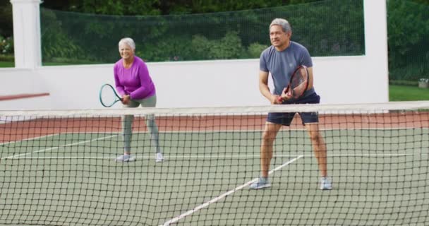 Video Bahagia Birasial Pasangan Senior Selama Pelatihan Lapangan Tenis Gaya — Stok Video
