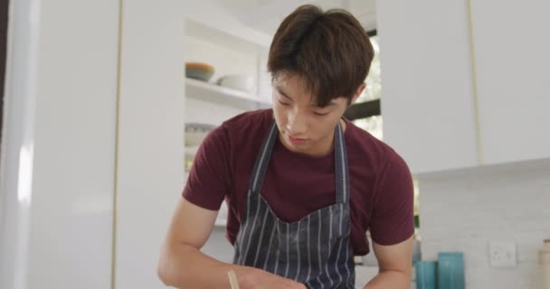 Asian Boy Wearing Apron Preparing Food Kitchen Home Teenager Lifestyle — Stock video