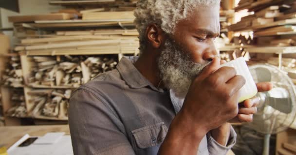 African American Male Carpenter Drinking Coffee Carpentry Shop Carpentry Craftsmanship — Vídeo de stock