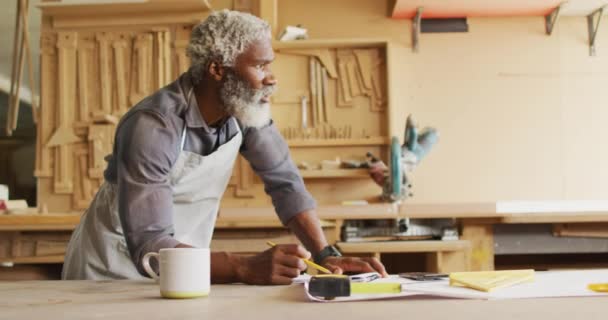 Thoughtful African American Male Carpenter Sketching Project Carpentry Shop Carpentry — Stock Video