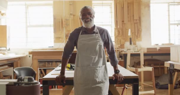 Portrait African American Male Carpenter Wearing Apron Standing Carpentry Shop — Stockvideo