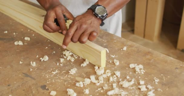 Close Male Carpenter Hands Planing Plank Wood Hand Plane Carpentry — Stock videók