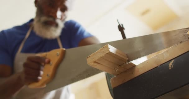 African American Male Carpenter Cutting Wooden Plank Using Hand Saw — Vídeo de stock