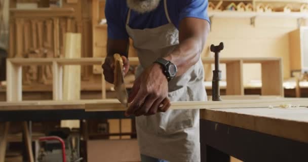 African American Male Carpenter Cutting Wooden Plank Using Hand Saw — Stock Video