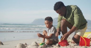 Afrikalı Amerikalı baba ve oğul kumsalda oynuyorlar. Aile seyahati ve tatil konsepti