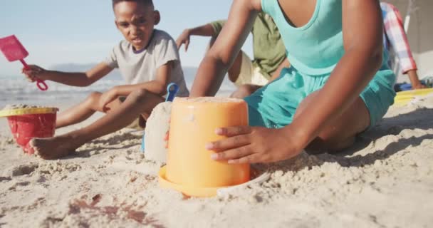 Afro Amerikaanse Broer Zus Spelen Met Zand Het Strand Familie — Stockvideo