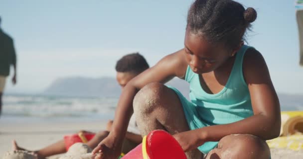 아프리카 미국인 자매들 해변에서 모래가지고 있습니다 — 비디오