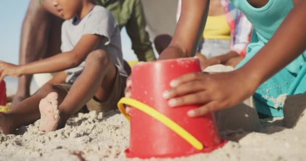 Afrikalı Amerikalı Erkek Kız Kardeşler Kumsalda Kumla Oynuyorlar Aile Seyahati — Stok video