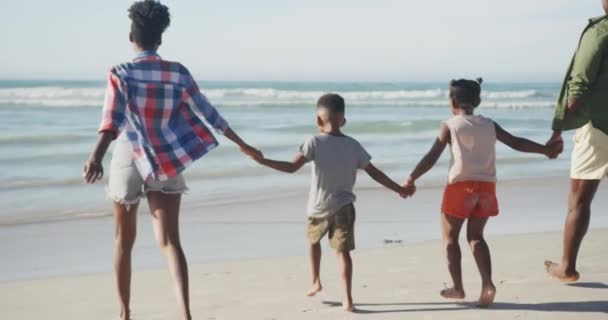 Rückansicht Einer Afrikanisch Amerikanischen Familie Die Händchen Haltend Strand Spaziert — Stockvideo