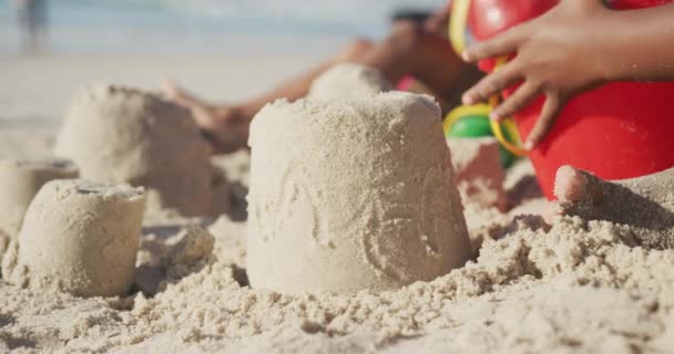 해변에서 모래갖고 아프리카 미국인 여자의 — 비디오